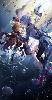 2girls absurdres ahoge animal arlecchino_(genshin_impact) artist_self-insert back black_footwear black_gloves black_pants blue_eyes boots bubble closed_mouth collared_jacket commentary_request commission commissioner_insert couple dress floating floating_hair formal_clothes frilled_dress frilled_sleeves frills from_side genshin_impact gloves gradient_background grey_hair grey_jacket grey_suit hair_between_eyes hair_floating_upwards hair_ornament hairclip high_heel_boots high_heels highres huge_ahoge inaterayukiha jacket jellyfish jewelry leaning_back leaning_forward long_hair long_sleeves looking_up low_ponytail mixed-language_commentary multicolored_hair multiple_girls oc_x_canon original pants pink_lips ponytail red_hair short_dress streaked_hair suit suit_jacket sunlight thighlet thighs underwater water wavy_hair white_dress yuri