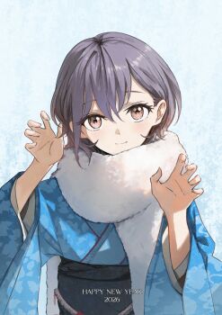 1girl bang_dream! bang_dream!_it's_mygo!!!!! blue_kimono brown_eyes closed_mouth comiket_107 commentary_request grey_hair hands_up happy_new_year highres japanese_clothes kimono kissshotmagia long_sleeves looking_at_viewer multicolored_hair new_year roots_(hair) short_hair solo takamatsu_tomori upper_body