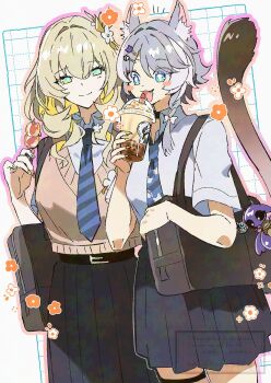 2girls aglaea_(honkai:_star_rail) alternate_costume animal_ear_fluff animal_ears bag belt blonde_hair blue_eyes bubble_tea cat_ears cat_tail cipher_(honkai:_star_rail) flower green_eyes grey_hair grid_background hair_flower hair_ornament highres honkai:_star_rail honkai_(series) multiple_girls necktie pirohi_(pirohi214) pleated_skirt school_uniform shirt shoulder_bag skewer skirt sparkle sweater_vest tail thigh_strap white_streaks