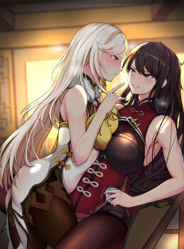 2girls absurdres beidou_(genshin_impact) blonde_hair blush bow breast_press breasts brown_hair brown_pantyhose chinese_clothes chinese_commentary closed_mouth cowboy_shot dress forehead fur_trim genshin_impact highres indoors large_breasts leg_between_thighs long_hair looking_at_another multiple_girls ningguang_(genshin_impact) pantyhose parted_bangs parted_lips potato_h red_dress red_eyes sleeveless toned toned_female v-shaped_eyebrows white_dress yellow_bow