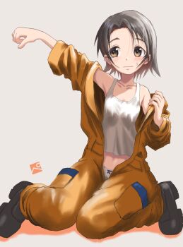 1girl absurdres blush breasts brown_eyes brown_hair closed_mouth collarbone commentary_request girls_und_panzer highres jumpsuit kainushi panties sawa_azusa shirt short_hair simple_background small_breasts solo sweat underwear white_background white_panties white_shirt