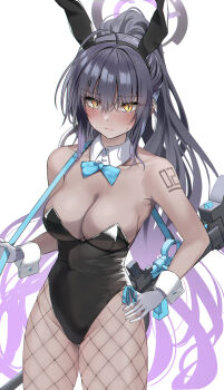 1girl anti-materiel_rifle black_hair black_leotard blue_archive blue_bow blue_bowtie bow bowtie breasts cleavage closed_mouth cowboy_shot dark-skinned_female dark_skin detached_collar fishnet_pantyhose fishnets gloves gun halo hand_on_own_hip highres karin_(blue_archive) karin_(bunny)_(blue_archive) large_breasts leotard long_hair looking_at_viewer pantyhose playboy_bunny ponytail rifle shaka_(staito0515) simple_background sniper sniper_rifle solo thighs weapon white_background white_gloves yellow_eyes