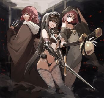 3girls absurdres armor bare_shoulders bikini_armor black_hair blunt_bangs choker commentary detached_sleeves hair_between_eyes head_tilt highleg highleg_panties highres hisui_(tsukihime) holding holding_sword holding_weapon jonyeld kohaku_(tsukihime) long_hair looking_at_viewer looking_back multiple_girls open_mouth panties red_hair smug sword thighhighs thighs tohno_akiha tsukihime type-moon underwear upper_body weapon