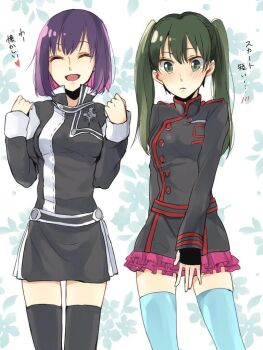 2girls abstract_background akatsuki_kouya badge belt between_legs black_belt black_gloves black_jacket black_order_uniform black_skirt black_thighhighs blue_thighhighs blush bob_cut closed_eyes collared_jacket cosplay costume_switch cross d.gray-man dual_persona emblem facing_viewer fingerless_gloves floral_background flower gloves green_eyes green_flower green_hair hair_between_eyes hand_between_legs heart horizontal-striped_belt jacket lenalee_lee long_hair looking_at_viewer looking_down military military_uniform miniskirt multiple_girls open_mouth pink_skirt pleated_skirt purple_hair short_hair sidelocks single_glove skirt smile striped_belt striped_clothes striped_jacket striped_skirt thighhighs thighs turtleneck turtleneck_jacket twintails vertical-striped_clothes vertical-striped_jacket vertical-striped_skirt white_background zettai_ryouiki