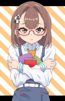 Rule 34 | 1girl, belt, book, brown hair, buttons, checkered hair ornament, closed mouth, collared shirt, crossed arms, double-breasted, double-parted bangs, earrings, esuki, grey eyes, hair intakes, highres, hitomi chris, hololive, jewelry, long sleeves, looking at viewer, medium hair, necktie, outside border, overalls, pout, red-framed eyewear, semi-rimless eyewear, shirt, solo, striped background, upper body, virtual youtuber, white belt, white shirt, yellow necktie