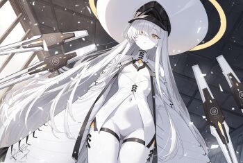 1girl android blue_archive breasts cloak closed_mouth commentary_request expressionless from_below gluteal_fold hair_over_one_eye halo hat highres honyara-san large_hat malkuth_(blue_archive) shirt small_breasts solo white_cloak white_hair white_hat white_shirt yellow_eyes yellow_halo
