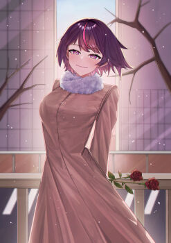 Rule 34 | 1girl, absurdres, arms behind back, bare tree, brown dress, closed mouth, commentary request, cowboy shot, dress, flower, h tj03, highres, jururu, long sleeves, looking at viewer, multicolored hair, purple eyes, purple hair, red flower, red rose, rose, short hair, solo, standing, streaked hair, tree, virtual youtuber, waktaverse