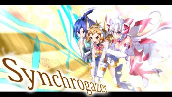 3girls ahoge antenna_hair aqua_leotard arm_armor blue_hair breasts cleavage durandal_(symphogear) elbow_gloves english_text falling_feathers feathers gloves grey_hair hair_between_eyes hair_ornament hairclip hand_on_another&#039;s_arm hand_on_another&#039;s_back headgear highres holding holding_sword holding_weapon kazanari_tsubasa large_breasts leg_armor leotard long_hair medium_breasts medium_hair multicolored_leotard multiple_girls nyanmaru one_side_up open_mouth orange_leotard purple_eyes red_thighhighs scene_reference senki_zesshou_symphogear sword symphogear_pendant tachibana_hibiki_(symphogear) thighhighs v-shaped_eyebrows vambraces very_long_hair weapon white_gloves white_leotard x-drive_(symphogear) yukine_chris