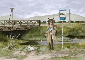 1girl absurdres animal_ears asymmetrical_shirt black_boots black_gloves black_pants boots brown_eyes brown_hair coat dog ear_covers gloves goggles goggles_around_neck hair_between_eyes highres horse_ears horse_girl long_hair multicolored_hair pants pineconete standing stay_gold_(umamusume) streaked_hair umamusume white_hair wide_shot yellow_coat