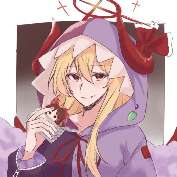 1girl blonde_hair character_cookie ex-rumia hair_between_eyes hakurei_reimu halo highres hood hood_up horn_ornament horn_ribbon horns long_hair neck_ribbon overalls purple_overalls red_halo red_horns red_ribbon remonedo_(user_mxej3824) ribbon rumia rumia_(youkai_of_the_darkest_dusk) solo touhou touhou_lostword yellow_eyes