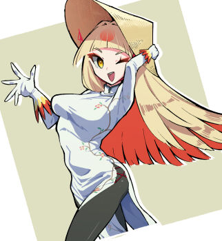 1girl :d aknosom arm_up black_pantyhose blonde_hair china_dress chinese_clothes cube dress eyeshadow floral_print gloves green_background hat jari_(1986) long_hair makeup monster_hunter_(series) monster_hunter_rise multicolored_gloves multicolored_hair one_eye_closed open_mouth pantyhose personification red_eyeshadow red_hair red_trim smile solo straw_hat two-tone_background two-tone_hair upper_body walking white_background white_dress white_gloves yellow_eyes yellow_trim