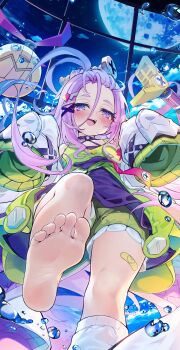 1girl absurdres ahoge aino_(genshin_impact) asymmetrical_legwear bandaid bandaid_on_leg barefoot blue_eyes blush broken_heart choker coat commentary dress english_commentary feet foot_focus forehead foreshortening full_moon green_dress hair_ornament hairclip halter_dress halterneck heart heaven&#039;s_melody highres leg_warmers long_hair long_sleeves looking_at_viewer mismatched_legwear moon night night_sky open_clothes open_coat open_mouth pink_hair presenting_foot purple_eyes robot screw_hair_ornament single_bare_foot sky socks soles solo standing standing_on_one_leg tail toes very_long_hair water water_drop white_coat white_leg_warmers white_socks