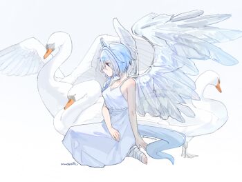 Rule 34 | 1girl, animal ears, bandaged foot, bandages, bare shoulders, bird, blue eyes, blue hair, breasts, closed mouth, collarbone, commentary request, dress, feathered wings, hair between eyes, highres, horse ears, horse girl, horse tail, k.s.miracle (umamusume), saramiao-chan, short hair, sleeveless, sleeveless dress, swan, tail, umamusume, white dress, white wings, wings