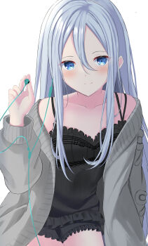 Rule 34 | 1girl, absurdres, bare shoulders, black nightgown, blue eyes, breasts, closed mouth, commentary request, hair between eyes, highres, long hair, looking at viewer, maou1561, nightgown, project sekai, small breasts, smile, very long hair, white background, white hair, yoisaki kanade