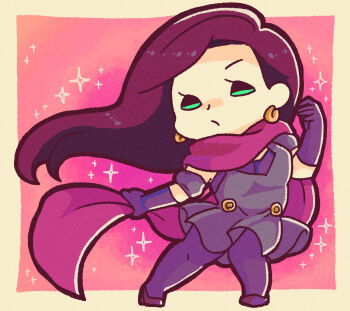 1girl absurdres battle_tendency black_dress brown_hair chibi commentary commentary_request dress earrings elbow_gloves full_body gloves green_eyes highres jewelry jojo_no_kimyou_na_bouken lisa_lisa long_hair m_a_a_m_8 pantyhose purple_gloves red_scarf scarf solo sparkle