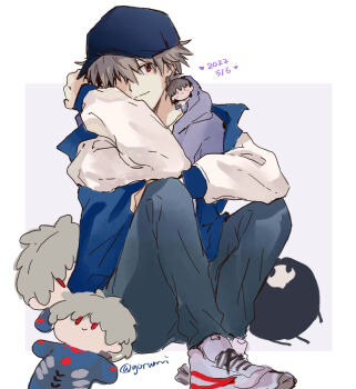 Rule 34 | 1boy, arms on knees, baseball cap, blue jacket, character doll, closed mouth, dated, doll, elbow on knee, full body, grey hair, grey pants, hashtag-only commentary, hat, highres, hood, hood down, hoodie, ikari shinji, invisible floor, jacket, jacket over hoodie, looking at viewer, male focus, nagisa kaworu, neon genesis evangelion, pants, red eyes, shoes, sitting, twitter username, white shoes, yorumi1117