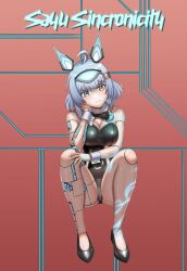Rule 34 | 1girl, android, black footwear, black leotard, blue eyes, bow, bowtie, breasts, character name, cleavage, closed mouth, full body, grey hair, heterochromia, highres, indie virtual youtuber, klee9004, leotard, medium breasts, medium hair, sayu sincronisity, shoes, smile, solo, squatting, tight clothes, virtual youtuber, yellow eyes