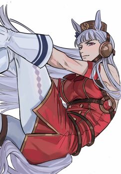 Rule 34 | 1girl, absurdres, ammi (mayflyaa), animal ears, blunt ends, breasts, gloves, gold ship (red strife) (umamusume), gold ship (umamusume), highres, horse ears, horse girl, horse tail, long hair, looking at viewer, pantyhose, simple background, smile, solo, tail, umamusume, white background, white gloves