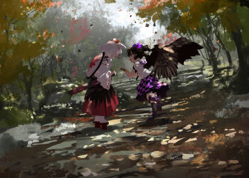 2girls :d absurdres animal_ears black_hair black_skirt black_socks black_wings brown_sandals cellphone checkered_clothes checkered_skirt commentary_request covered_eyes day detached_sleeves falling_leaves feathered_wings flip_phone floating_hair forest geta hat highres himekaidou_hatate holding holding_phone inubashiri_momiji leaf leg_ribbon long_sleeves multiple_girls nature open_mouth outdoors phone profile purple_hat purple_ribbon purple_skirt red_hat red_skirt ribbon ribbon-trimmed_sleeves ribbon_trim sandals sheath sheathed shield shield_on_back shirt short_hair short_sleeves skirt smile socks standing standing_on_one_leg tail tengu-geta tokin_hat touhou tree two-tone_skirt ushitsuchi white_hair white_shirt white_sleeves white_socks wide_shot wide_sleeves wings wolf_ears wolf_girl wolf_tail