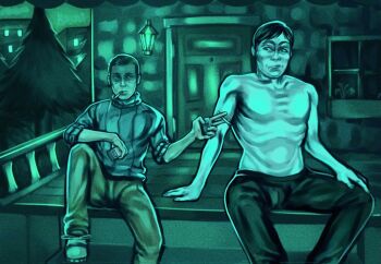 2boys arm_rest black_hair cigarette cigarette_pack commentary english_commentary giving holding holding_cigarette holding_lighter house inhundefender intruder_(no_i&#039;m_not_a_human) lighter looking_at_another male_focus multiple_boys no_i&#039;m_not_a_human outdoors pine_tree porch protagonist_(no_i&#039;m_not_a_human) short_hair sitting topless_male tree vertical-striped_sweater