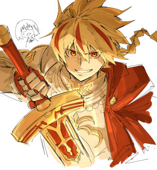 1boy 1girl armor blonde_hair braid cape commentary_request drawing_sword fate/strange_fake fate_(series) gauntlets glasses grin highres holding holding_sword holding_weapon kankan33333 red_cape red_eyes richard_i_(fate) sajou_ayaka_(fate/strange_fake) smile sword weapon white_background