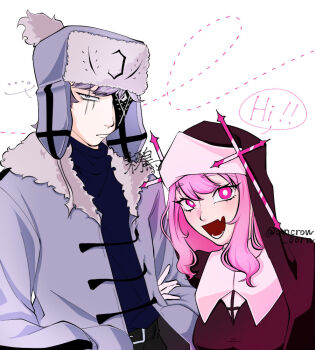 Rule 34 | !, !!, ..., 1boy, 1girl, arm grab, belt, belt buckle, black belt, black pants, blue jacket, blue shirt, breasts, buckle, cleavage, coat, collared shirt, couple, expressionless, eyebrows, eyelashes, eyepatch, eyes visible through hair, friday night funkin', fur-trimmed coat, fur trim, gloves, grey eyes, grey hair, grey jacket, hand in pocket, hat, hetero, humanization, jacket, jitome, long sleeves, looking at viewer, medium breasts, medium hair, nun, pants, pink hair, russian clothes, ruvyzvat (friday night funkin'), sarvente (friday night funkin'), scar, scar across eye, scar on face, shirt, simple background, smile, twitter username, uncrow 00rw, upper body, veil, white background, white gloves