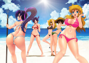 5girls arms_behind_head arms_up ass beach bell bikini black_bikini black_hair blonde_hair blue_eyes blush breasts choker cleavage cloud collarbone front-tie_bikini_top front-tie_top fundoshi fuurinji_miu green_bikini hair_bell hair_ornament hairclip hand_up high_ponytail highres huge_breasts japanese_clothes kousaka_shigure large_breasts long_hair looking_at_viewer ma_renka matsuena_shun mole mole_under_eye multiple_girls navel ocean open_mouth pink_bikini ponytail purple_eyes purple_hair rachel_stanley red_bikini sandals shijou_saikyou_no_deshi_ken'ichi shirahama_honoka short_hair side-tie_bikini_bottom sky small_breasts smile standing sun sunglasses swimsuit thighs weapon