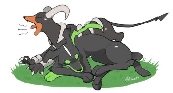 animal_hands bone claws dog gen_2_pokemon gen_6_pokemon grass hellhound houndoom kochi8i leash legendary_pokemon nintendo no_humans pokemon sleeping stretching tail white_background yawning zygarde zygarde_(10%)