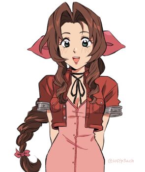 1girl aerith_gainsborough arms_behind_back bow braid braided_ponytail breasts brown_hair cleavage commentary cropped_jacket dress english_commentary final_fantasy final_fantasy_vii final_fantasy_vii_remake green_eyes hair_bow hair_ribbon highres jacket long_hair open_mouth parted_bangs pink_dress red_jacket ribbon sidelocks softp3ach