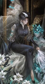 1girl aqua_eyes aqua_gemstone arm_cutout baby_animal backless_dress backless_outfit black_dress black_footwear black_hair black_hat censored censored_identity chinese_commentary clothing_cutout collar commentary covered_navel crystal dress earrings expressionless flower frilled_collar frills full_body gem glowing glowing_eyes hat highres hobble_dress jelena_(path_to_nowhere) jewelry juliet_sleeves lamb leaf lily_(flower) linea_alba long_dress long_sleeves material_growth painting_(object) path_to_nowhere plantar_flexion puffy_sleeves sculpture sheep signature sitting solo teardrop_facial_mark toddler transparent transparent_umbrella umbrella white_flower zheshanshan