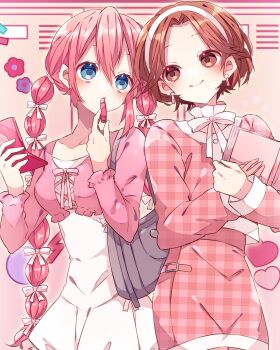 2girls applying_makeup applying_own_makeup blush book bow brown_eyes brown_hair closed_mouth commentary_request cowboy_shot double-parted_bangs dress hair_between_eyes hair_bow highres holding holding_book kaho_0102 lipstick long_hair long_sleeves makeup megurine_luka meiko_(vocaloid) multiple_girls multiple_hair_bows pink_dress pink_hair plaid_clothes plaid_dress purple_shirt shirt short_hair skirt smile unmoving_pattern vocaloid white_bow white_skirt