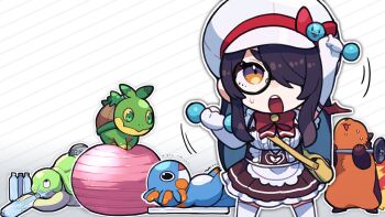 1girl apron ball barbell black_hair bottle bow bowtie brown_eyes center_frills character_request coin commentary_request elbow_gloves exercise_ball exercising frills gen_4_pokemon gloves hair_over_one_eye hat highres itou_life_(vtuber) long_hair motion_lines nintendo open_mouth pokemon pokemon_(creature) red_bow red_bowtie sweat teeth thighhighs turtwig upper_teeth_only waist_apron water_bottle white_apron white_gloves white_hat white_thighhighs wrbs
