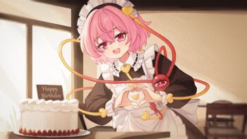 1girl :d alternate_costume apron black_shirt cake chunjiu enmaided food happy_birthday heart heart_hands highres indoors komeiji_satori looking_at_viewer maid maid_apron maid_headdress open_mouth pink_eyes pink_hair restaurant shirt short_hair smile solo touhou