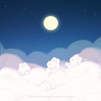 animal animal_focus ayu_(mog) closed_eyes cloud commentary commentary_request english_commentary full_moon mixed-language_commentary moon night no_humans original outdoors rabbit romaji_commentary signature sky star_(sky) starry_sky twitter_username watermark