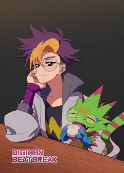 1boy black_shirt blonde_hair blue_hair closed_eyes digimon digimon_beatbreak food gecko gekkomon highres holding holding_food jacket male_focus mazaki_kei mole mole_under_eye multicolored_hair open_clothes open_jacket purple_eyes shirt short_hair steamed_bun table tenma_tomoro two-tone_hair white_jacket