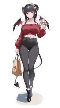 1girl absurdres bag bare_shoulders bat_wings black_hair black_horns black_nails black_pants breasts closed_mouth commentary_request cup d_(nikke) demon_tail disposable_coffee_cup disposable_cup fingernails full_body goddess_of_victory:_nikke highres holding holding_bag holding_cup horns large_breasts looking_at_viewer masaki_nanaya midriff nail_polish navel pants paper_bag pink_eyes shopping_bag simple_background solo standing tail white_background wings