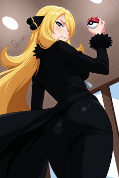 1girl absurdres ass black_coat black_pants blonde_hair coat cynthia_(pokemon) from_behind from_below grey_eyes hair_ornament hair_over_one_eye highres holding holding_poke_ball indoors long_coat long_hair looking_at_viewer looking_back nintendo pants parted_lips poke_ball poke_ball_(basic) pokemon smile solo su1zide tight_clothes tight_pants