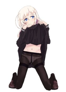 Rule 34 | 1girl, absurdres, alakoala, alternate costume, black pantyhose, black shirt, black skirt, blonde hair, blue eyes, blush, brown shoes, clothes lift, commentary request, full body, hair between eyes, highres, kantai collection, kneeling, lifting own clothes, loafers, long hair, long sleeves, looking at viewer, navel, panties, panties under pantyhose, pantyhose, pout, shirt, shoes, simple background, skirt, skirt lift, solo, stomach, thighband pantyhose, u-511 (kancolle), underwear, white background, white panties