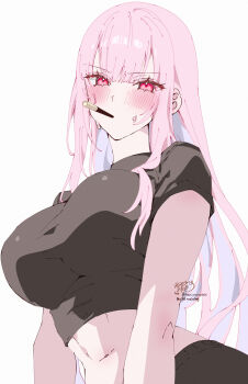1girl absurdres blunt_bangs breasts commentary cropped_shirt food food_in_mouth highres hololive hololive_english kamiya_maneki large_breasts long_hair looking_at_viewer midriff mori_calliope navel pink_eyes pink_hair pocky pocky_day pocky_in_mouth shirt sidelocks simple_background solo t-shirt upper_body virtual_youtuber white_background