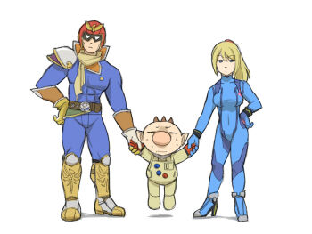 1girl 2boys armor armored_boots belt belt_buckle big_nose black_footwear black_wrist_cuffs blonde_hair blue_bodysuit blue_eyes bodysuit boots breasts brown_belt brown_hair buckle buttons captain_falcon closed_eyes closed_mouth collared_bodysuit commentary_request covered_abs covered_navel dot_nose expressionless f-zero frown furrowed_brow gloves hair_between_eyes hair_tie hand_on_own_hip height_difference helmet high_collar high_heels holding_hands knee_boots knee_pads light_frown long_hair metroid multiple_boys naru_(wish_field) nervous_sweating nintendo no_headwear olimar pauldrons pikmin_(series) pointy_ears ponytail red_gloves red_helmet samus_aran scarf shadow short_hair shoulder_armor simple_background single_pauldron spacesuit standing super_smash_bros. sweat tight_clothes toned toned_male two-sided_fabric very_short_hair white_background wrist_cuffs yellow_boots yellow_scarf zero_suit