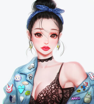 1girl armpits bat_(animal) batman_(series) batman_symbol bender_bending_rodriguez black_bra black_choker black_hair blue_jacket blue_ribbon boy&#039;s_club bra breasts brown_eyes character_request choker chromatic_aberration cleavage closed_mouth commentary dc_comics denim denim_jacket earrings english_commentary eyelashes family_guy female_focus frog futurama gem_(symbol) hair_bun hair_ribbon highres jacket jewelry kaonashi lace lace_bra lace_choker lightning_bolt_earrings lightning_bolt_symbol lips looking_at_viewer mario mask medium_breasts meme noh_mask off_shoulder original overalls overwatch overwatch_1 pepe_the_frog pink_lips polka_dot polka_dot_ribbon rabbit rena_illusion ribbon see-through_clothes simple_background single_hair_bun solo stewie_griffin the_binding_of_isaac thick_lips tonari_no_totoro totoro underwear upper_body white_background white_polka_dots