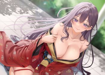 Rule 34 | 1girl, armpit crease, bare shoulders, blurry, blurry background, blush, breasts, brown hair, collarbone, commentary request, dutch angle, floral print, hamu (plot sy), highres, japanese clothes, kimono, kono cosplay onee-san wa boku senyou rashii, large breasts, long hair, looking at viewer, outdoors, purple eyes, red kimono, smile, solo, straight hair, very long hair