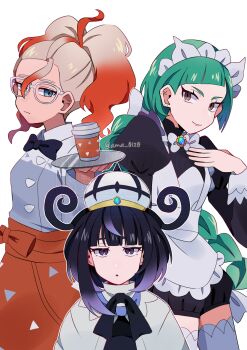 3girls amane_(ama_yzk00) apron black_bow black_bowtie black_hair black_ribbon blue_eyes blunt_bangs bow bowtie brown_eyes closed_mouth commentary_request cup disposable_cup glasses green_hair griselle_(pokemon) gwynn_(pokemon) hand_up hat headdress highres holding lebanne_(pokemon) long_hair looking_at_viewer multicolored_hair multiple_girls neck_ribbon nintendo orange_apron pokemon pokemon_legends:_z-a puffy_sleeves ribbon shirt smile thighhighs two-tone_hair