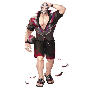 1boy abs arm_up artist_request ball beard black_hair black_male_swimwear black_sandals black_shirt commentary commentary_request english_commentary facial_hair falling_feathers feathers flame_print full_body grey_hair hand_on_own_head holding holding_ball king&#039;s_raid korean_commentary male_swimwear mixed-language_commentary multicolored_hair multiple_scars muscular muscular_male mustache official_alternate_costume official_art pectorals red_eyes red_feathers ricardo_(king&#039;s_raid) sandals scar scar_across_eye scar_on_face scar_on_forehead scar_on_nose second-party_source shirt simple_background solo volleyball white_background wristband