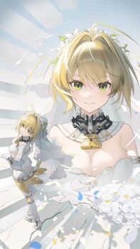 1girl aa-aster absurdres ahoge blonde_hair bouquet breasts bridal_veil chinese_commentary cleavage commentary_request dress fate/grand_order fate_(series) flower green_eyes hair_intakes high_heels highres holding holding_bouquet large_breasts lock multiple_views nero_claudius_(bride)_(fate) nero_claudius_(fate) pantyhose short_hair smile solo stairs veil wedding_dress white_dress white_pantyhose
