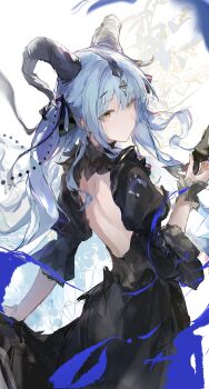 1girl absurdres arknights back_cutout bang_dream! bang_dream!_it&#039;s_mygo!!!!! black_dress black_horns black_ribbon blue_hair closed_mouth clothing_cutout commentary cowboy_shot curled_horns detached_collar dress from_behind hair_ribbon highres holding holding_mask horns long_hair looking_at_viewer looking_back mask ribbon sidelocks solo standing symbol-only_commentary togawa_sakiko togawa_sakiko_(master_of_melodia) two_side_up white_background wrist_cuffs yellow_eyes zombie_ke