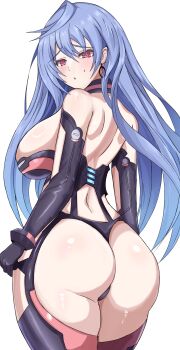1girl absurdres ass ass_focus bare_shoulders blue_hair blush breasts choujigen_game_neptune compile_heart elbow_gloves from_behind gloves highres huge_ass idea_factory iris_heart_(neptunia) kami_jigen_game_neptune_v large_breasts long_hair looking_at_viewer mature_female neptune_(series) open_mouth parted_lips red_eyes sideboob solo stiris_rangetsu thick_thighs thighhighs thighs thong very_long_hair