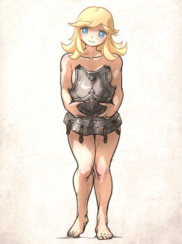 1girl barefoot blonde_hair blue_eyes blush breasts collarbone commentary cuirass english_commentary full_body head_tilt highres ironlily looking_at_viewer medium_hair no_pupils nude original perlweiss_(ironlily) simple_background smile solo standing unworn_armor