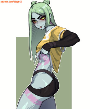 1girl :p abs ass black_pants black_sleeves blush clothes_pull colored_sclera colored_skin commentary cowboy_shot cyberpunk:_edgerunners cyberpunk_(series) double_bun english_commentary eyelashes from_side green_background green_eyes green_hair grey_skin hair_bun highres leg_tattoo long_hair long_sleeves looking_at_viewer midriff nose outline pants patreon_username purple_tattoo rebecca_(cyberpunk) red_sclera shirt shirt_pull sleeves_past_wrists solo stomach_tattoo stopu tattoo thighs tongue tongue_out white_background white_outline yellow_shirt