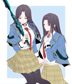 1girl absurdres adjusting_clothes adjusting_necktie black_hair black_socks blue_eyes commentary_request eri_kojima_(heaven_burns_red) heaven_burns_red highres holding holding_sword holding_weapon kjhg1108 kneehighs long_hair multiple_views necktie pantyhose school_uniform skirt socks sword weapon